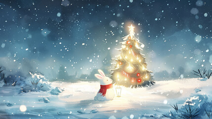 Obraz premium cute rabbit in red scarf stands by decorated Christmas tree in snowy landscape, surrounded by falling snowflakes, creating magical winter scene