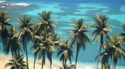 Obraz premium Lush Palm Trees Against Crystal Clear Ocean Waters and Sandy Shore