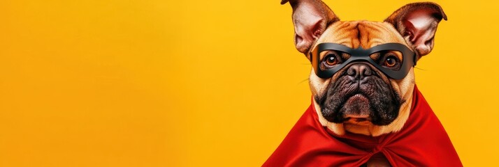 Dog in red cape and mask.