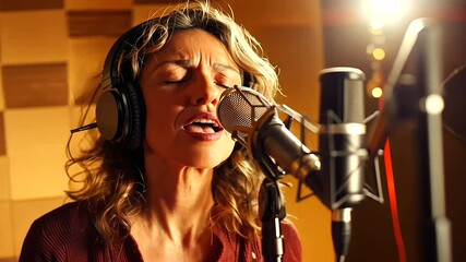 Middle Aged Woman Musician Singing in Music Studio