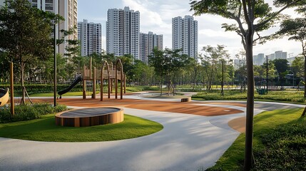 Obraz premium A community park in the heart of the city with diverse tree species planted to enhance biodiversity and provide a tranquil escape from the urban hustle 