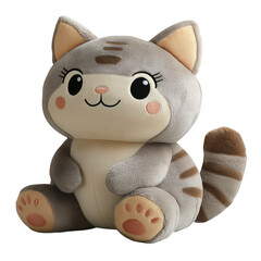 Brown-striped plush kitten toy with expressive eyes, transparent PNG for pet toy or children's plaything depiction
