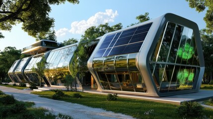 Futuristic eco-friendly house with solar panels and green design elements.