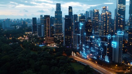 Fototapeta premium A cityscape with a lot of buildings and a park in the foreground