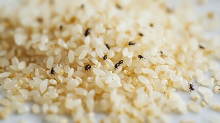 A close-up view of rice weevils scattered across a plate of white rice, their tiny bodies clearly visible among the grains.