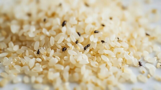 A close-up view of rice weevils scattered across a plate of white rice, their tiny bodies clearly visible among the grains.