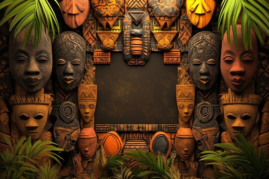 Intricate tribal masks surrounded by lush greenery create an imm