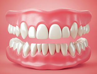 Obraz premium Realistic illustration of teeth with white and pink colors on an isolated background, front view.