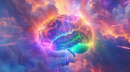 Rainbow colored brain in cosmic clouds. Mind potential concept
