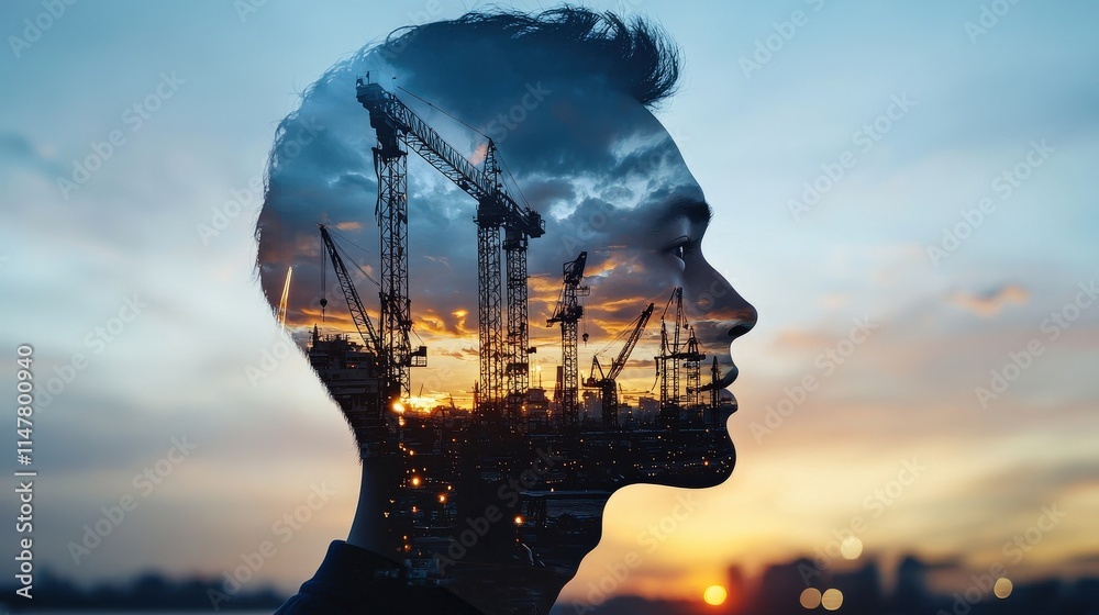 Poster a double-exposure image of a construction worker with shipyard cranes in the background at dusk