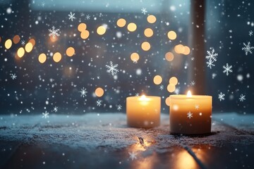 Softly glowing candles warm snowy scene, with gentle flurries en