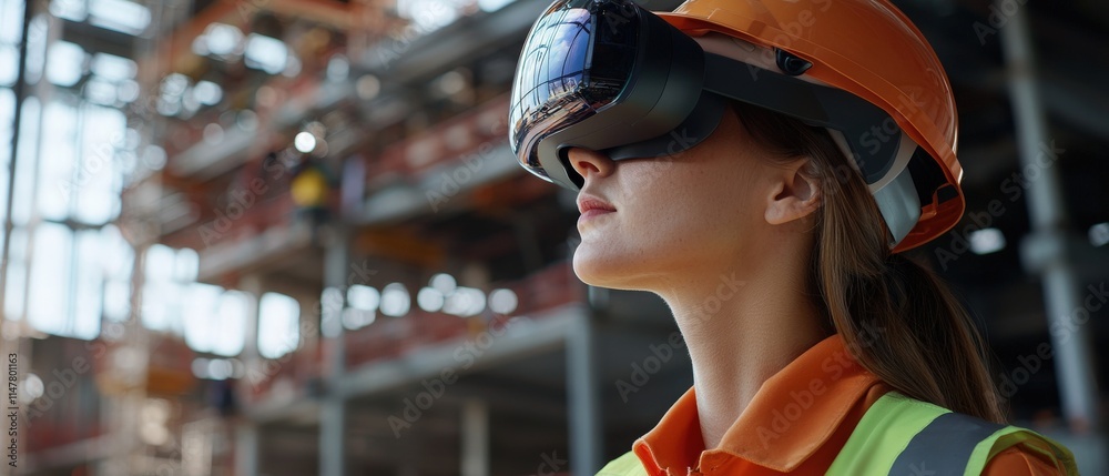 Poster A construction worker using advanced visualization tools to monitor a building project on-site