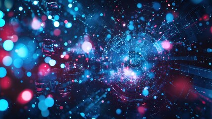 Fototapeta premium Abstract digital network with glowing, blurred particles and circular paths.