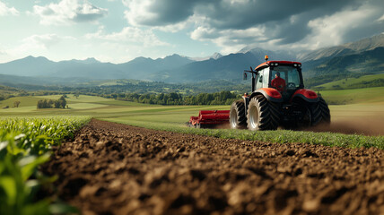 Farming tractor plowing field with mountains in background