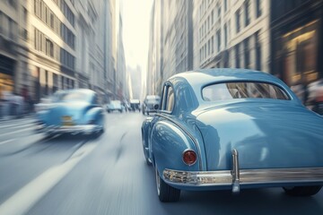 Blue classic car driving fast in a busy city street with blurred motion effect.