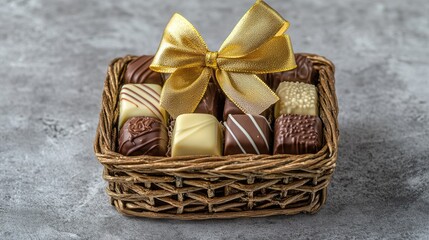 Assorted Chocolate Collection in Woven Basket with Yellow Bow