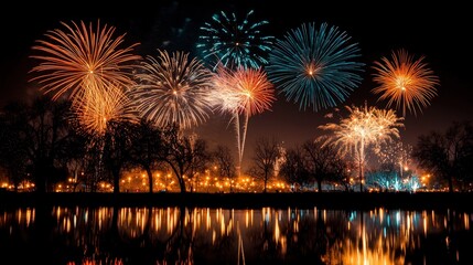 Vibrant fireworks display over calm water at night.