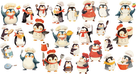 chef penguin watercolor clipart