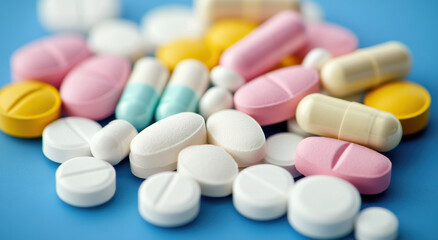 A variety of tablets and capsules in different colors and shapes are spread across a blue surface, showcasing the diversity of pharmaceutical products available for health.