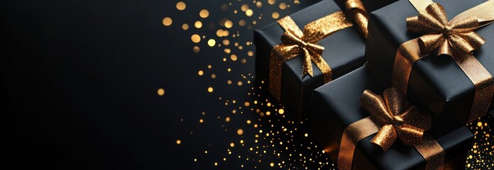 Black gift boxes with gold ribbon and bokeh on dark.