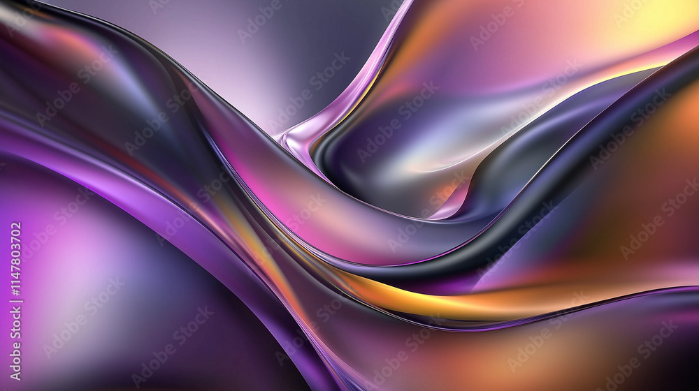 Poster fluid abstract art: dynamic gradient waves in purple, yellow, and black. a futuristic, hypnotic visu
