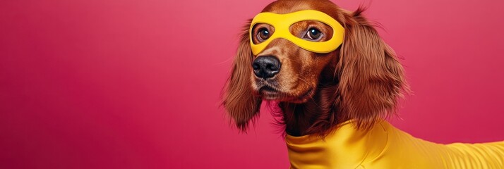 Irish Setter dog wearing yellow super hero costume and goggles against pink background.