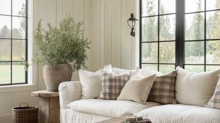 Cozy room with white couch and plant.