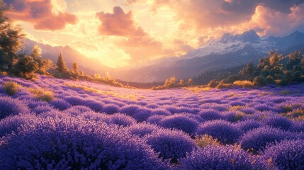 Sunset over lavender field, majestic mountains.