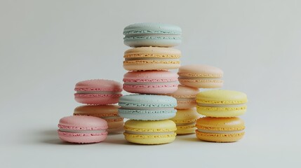 Colorful macarons stacked artfully, showcasing delicate textures