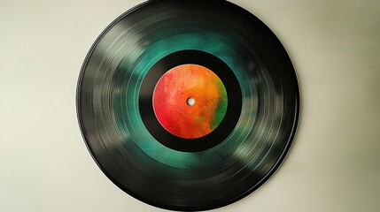 Colorful vinyl record showcases vibrant center, contrasting with