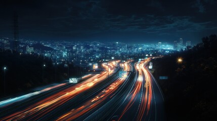 City highway with long exposure light trails at night.