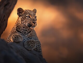 Fototapeta premium A leopard perched on a tree stump, bathed in the golden glow of sunset, its intense gaze directed at the horizon, surrounded by warm and dramatic sky tones