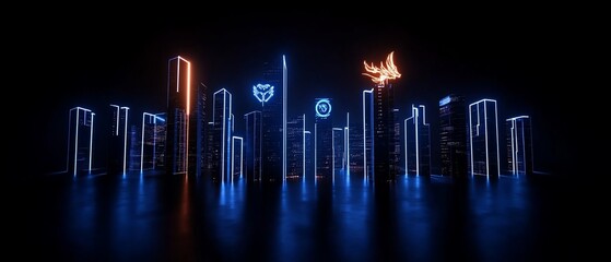 Fototapeta premium Neon cityscape with glowing shapes and symbols.