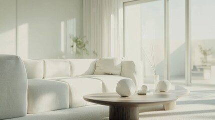 Fototapeta premium Minimalist modern living space with refined, stylish decor. Featuring clean lines and soft hues