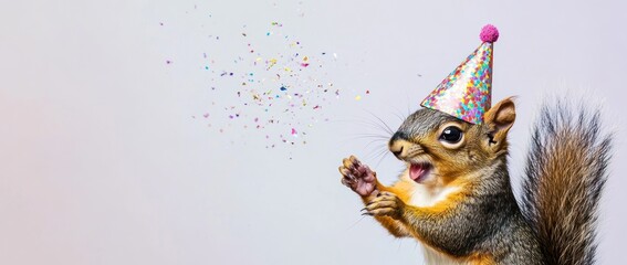 Squirrel with party hat, confetti, isolated.