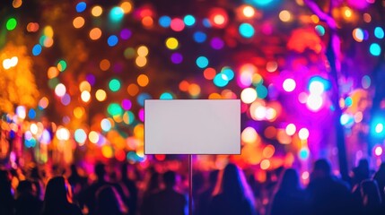 Crowd behind white sign at night, colorful lights bokeh.