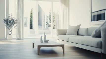 Minimalist modern living space with sleek, clean decor. Featuring simple lines and neutral hues