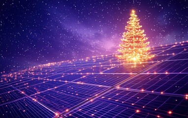 Solar panels with a sparkling holiday tree in front, set against a deep purple background with glowing accents