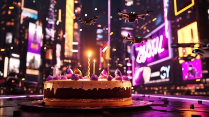 Cake, candles, drones in a city night view.