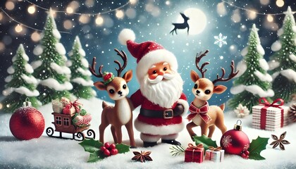 Christmas Santa Claus reindeer on Snowy winter background ; greeting card design with copy space