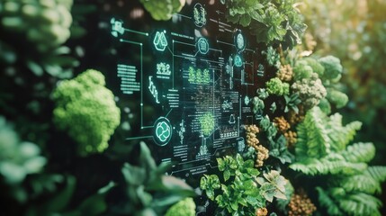 Lush foliage with digital overlay of graphs and icons.