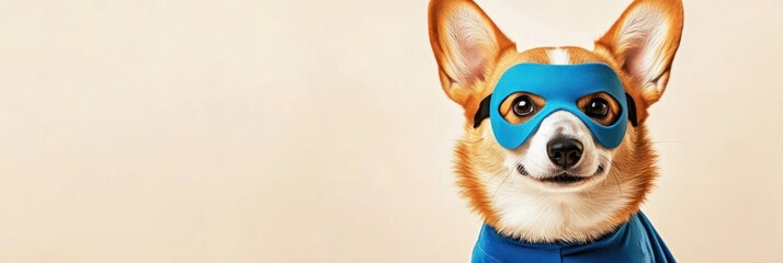Fototapeta premium Corgi wearing superhero mask and cape on light background.