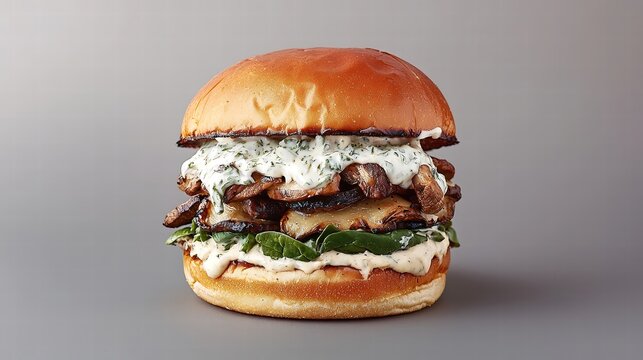 A luxurious gourmet burger beautifully arranged with layers of grilled mushrooms, spinach, and a creamy herb sauce, captured in a dramatic lighting setup to enhance its gourmet appeal on a minimalist