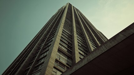 Low-angle view of a tall, slender concrete skyscraper against a clear sky.