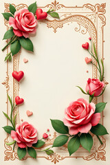 Elegant Valentine's Day frame with roses and heart decorations copy space