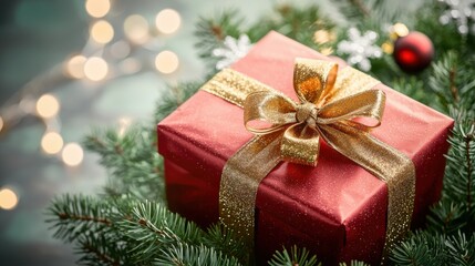 The red Christmas gift, elegantly wrapped in shimmering paper and tied with a sparkling golden ribbon, adds a pop of color among the lush evergreen branches