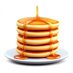 A delicious stack of fluffy pancakes drizzled with golden syrup on a white plate, perfect for breakfast or brunch.