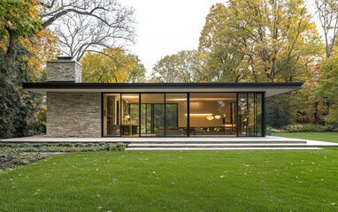 Fototapeta premium A contemporary minimalist home with a stone facade, large glass doors, and a simple green lawn