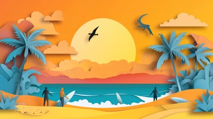 Obraz premium Tropical beach scene with surfers at sunset.