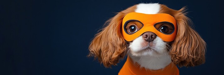 Fototapeta premium Cute dog with orange mask on dark background.